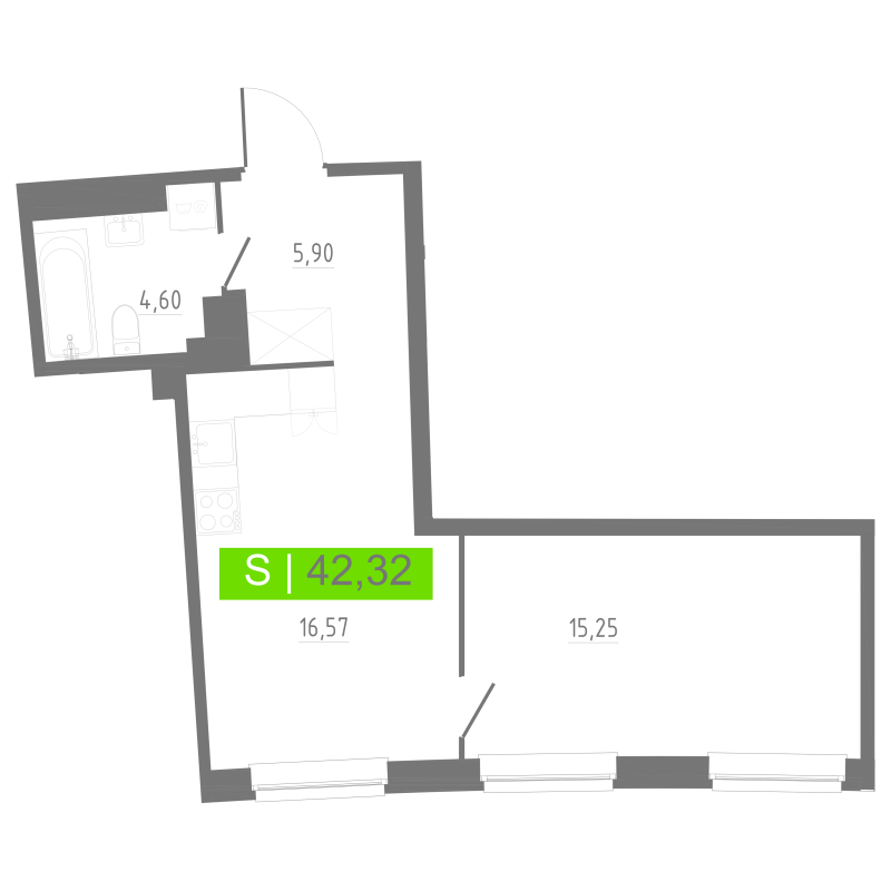 2-комнатная (Евро) квартира, 42.32 м² в ЖК "Аквилон РИВА" - планировка, фото №1