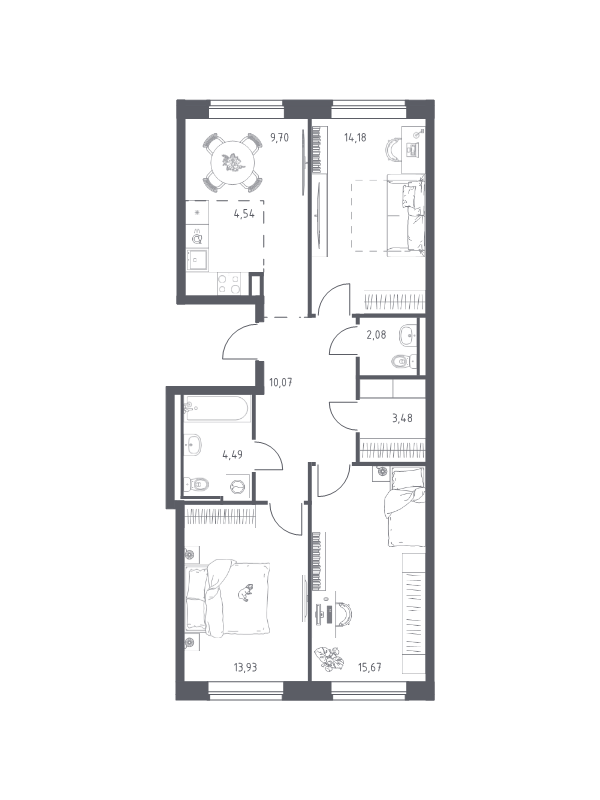 3-комнатная квартира, 78.14 м² - планировка, фото №1