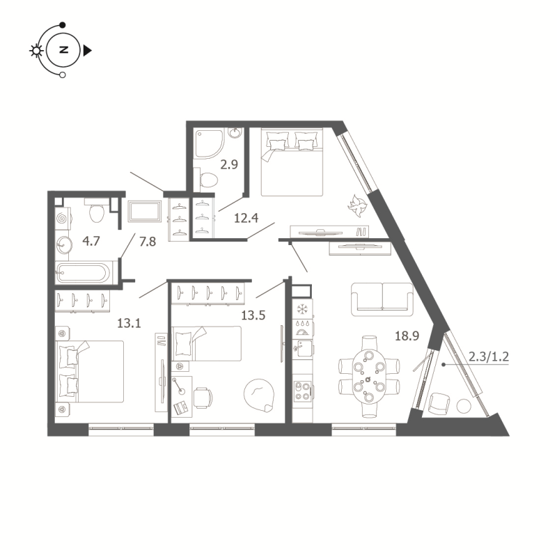 4-комнатная (Евро) квартира, 74.6 м² - планировка, фото №1