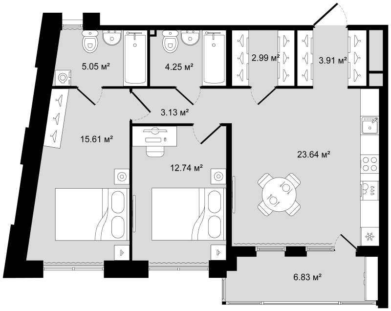 3-комнатная (Евро) квартира, 74.74 м² в ЖК "Новгородская 8" - планировка, фото №1
