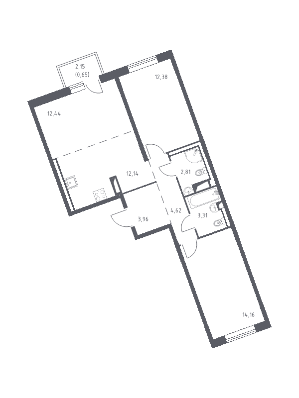 3-комнатная (Евро) квартира, 66.47 м² - планировка, фото №1