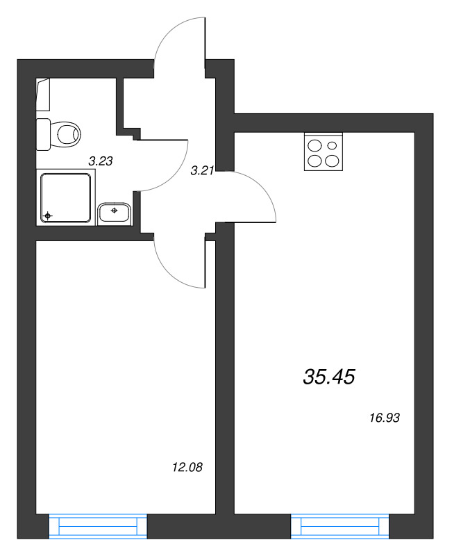 2-комнатная (Евро) квартира, 35.45 м² в ЖК "Морская миля" - планировка, фото №1