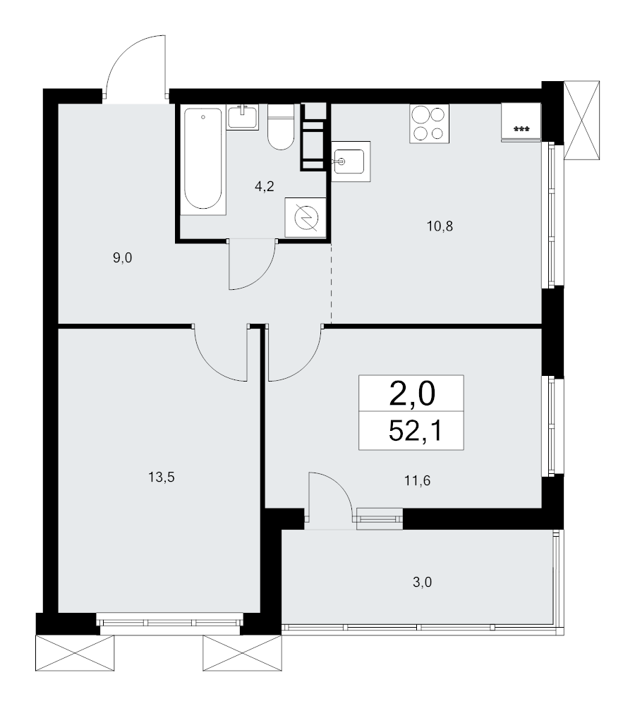2-комнатная квартира, 52.1 м² - планировка, фото №1