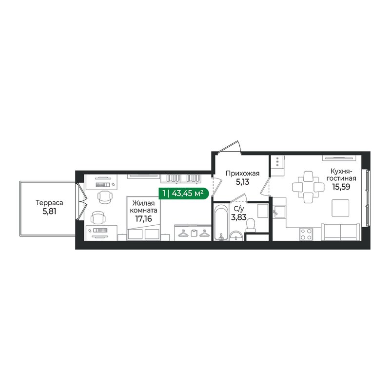 2-комнатная (Евро) квартира, 43.45 м² в ЖК "Сертолово Парк" - планировка, фото №1