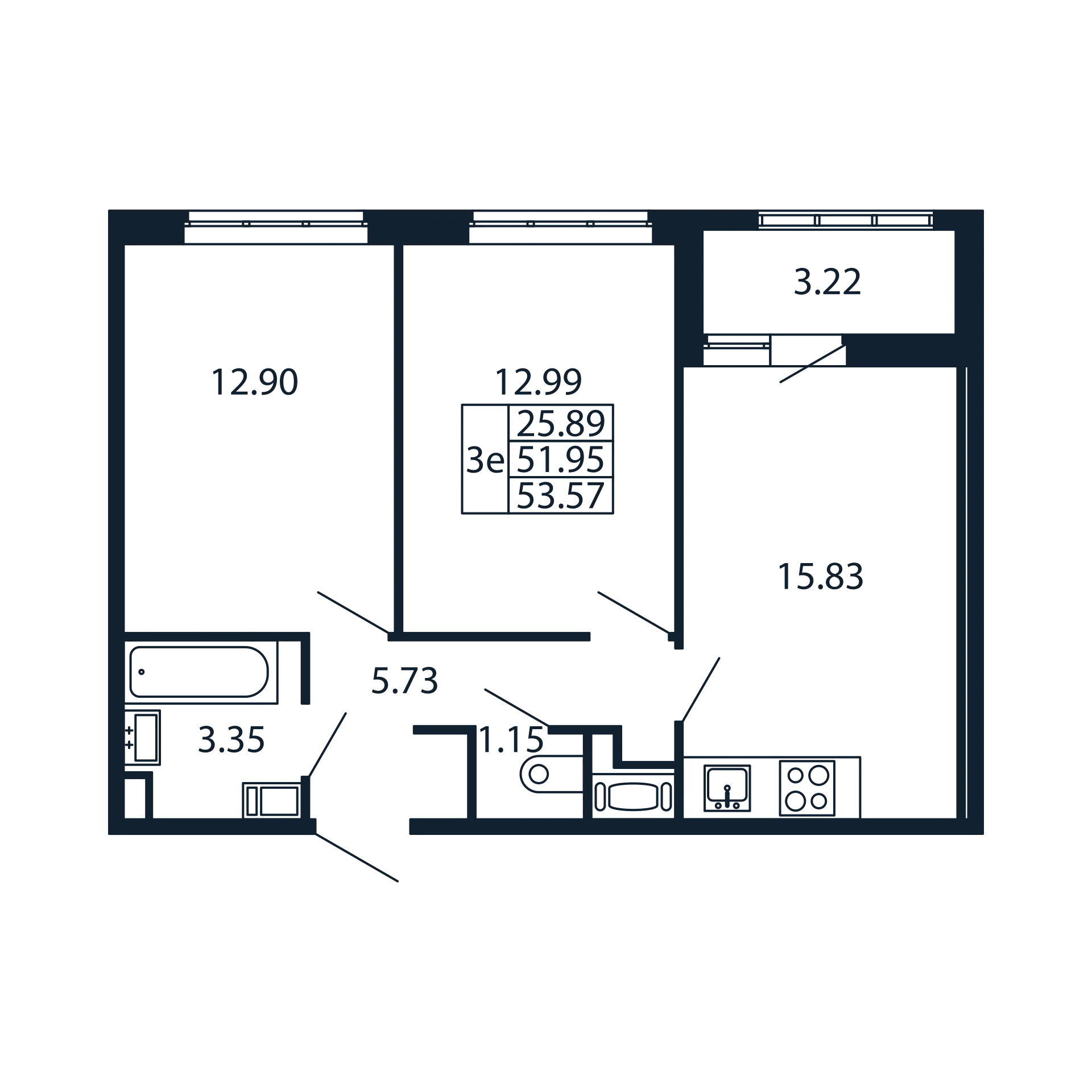 3-комнатная (Евро) квартира, 51.95 м² - планировка, фото №1