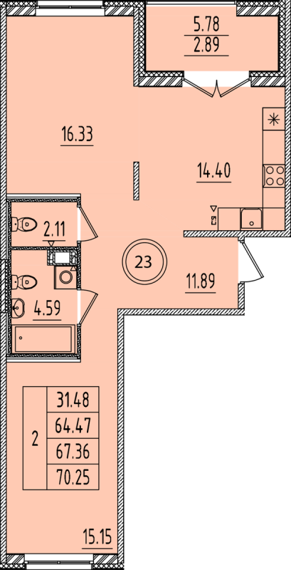 2-комнатная квартира, 64.47 м² - планировка, фото №1
