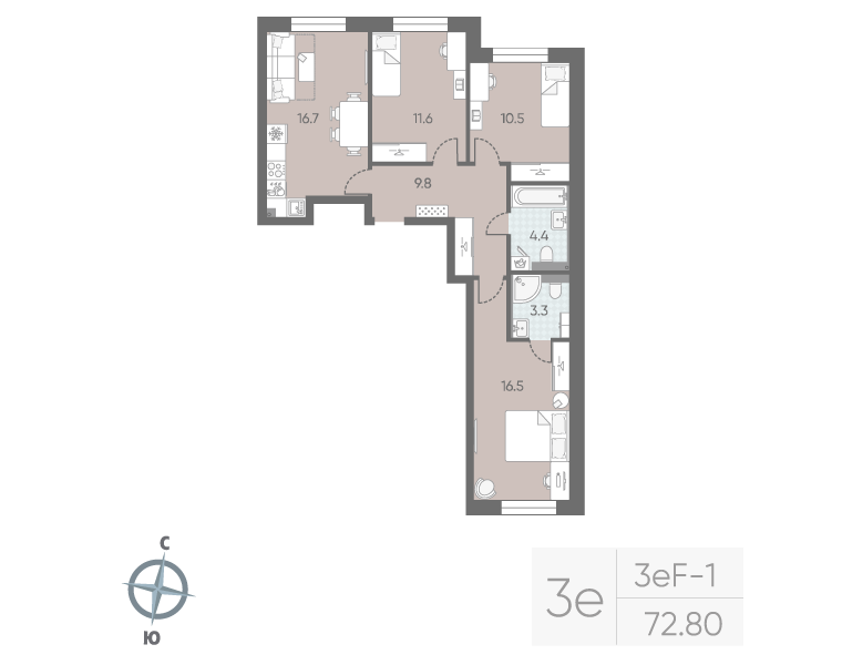 4-комнатная (Евро) квартира, 72.8 м² в ЖК "Большая Охта" - планировка, фото №1
