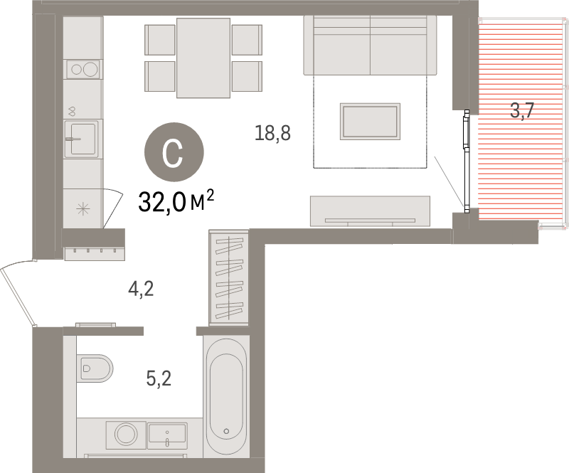 Квартира-студия, 32 м² в ЖК "Брусника в Новоселье" - планировка, фото №1