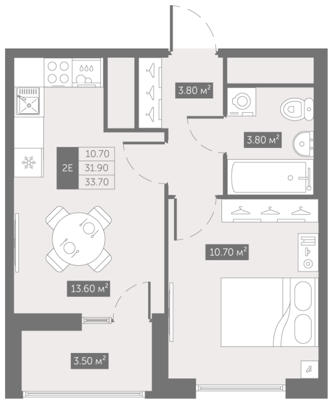 1-комнатная квартира, 33.7 м² в ЖК "Квартал «Новый Московский»" - планировка, фото №1