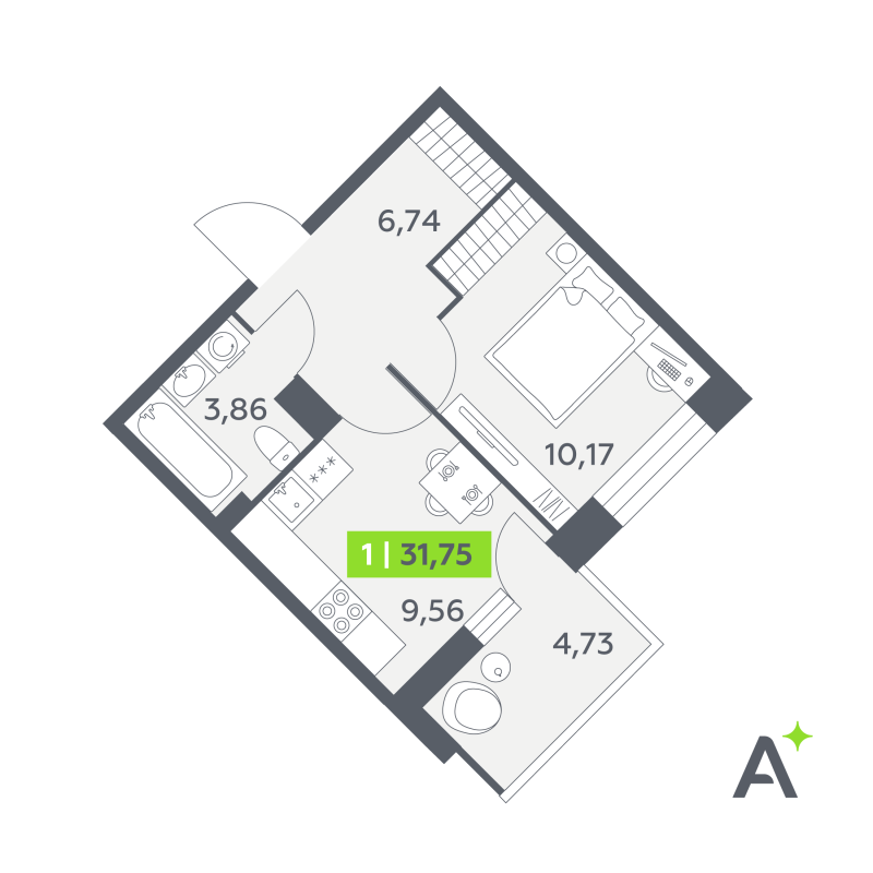 1-комнатная квартира, 31.75 м² в ЖК "Аквилон РекаПарк" - планировка, фото №1