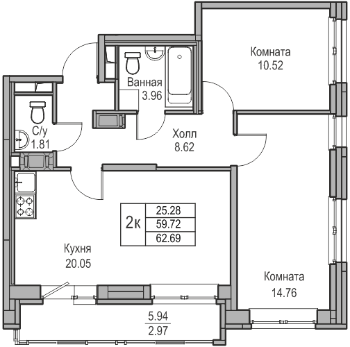 3-комнатная (Евро) квартира, 62.69 м² в ЖК "Юнтолово" - планировка, фото №1