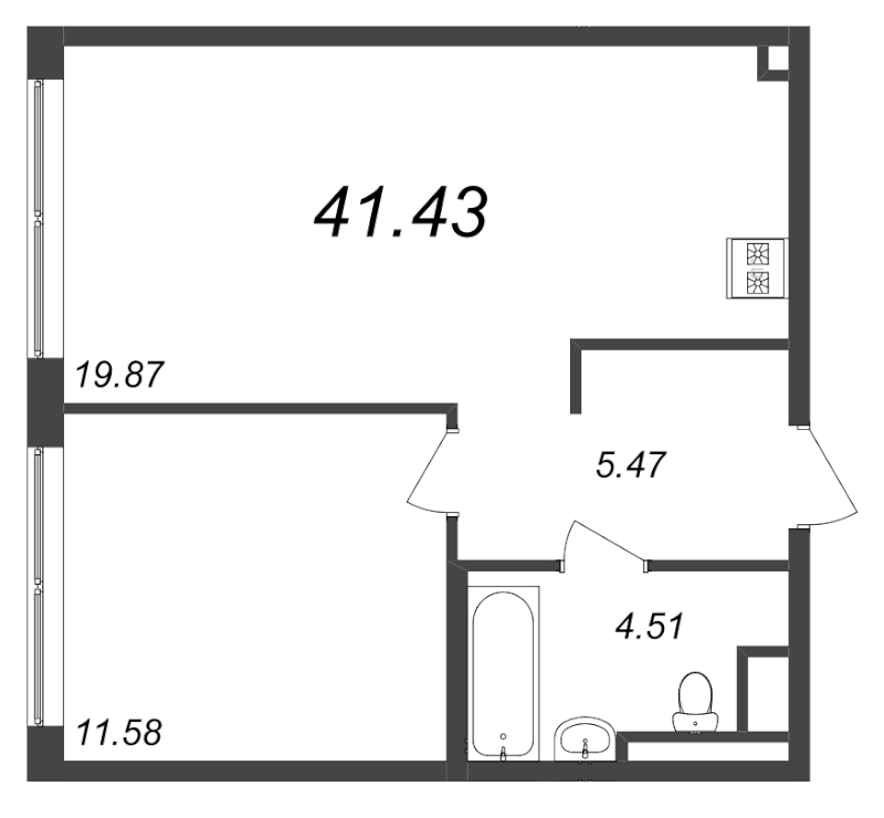 2-комнатная (Евро) квартира, 41.43 м² - планировка, фото №1