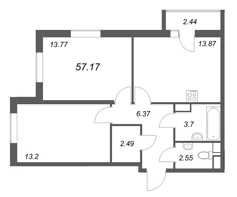 2-комнатная квартира, 57.17 м² в ЖК "Кинопарк" - планировка, фото №1