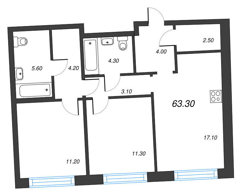 3-комнатная (Евро) квартира, 63.3 м² в ЖК "Цвет Зеленогорска" - планировка, фото №1