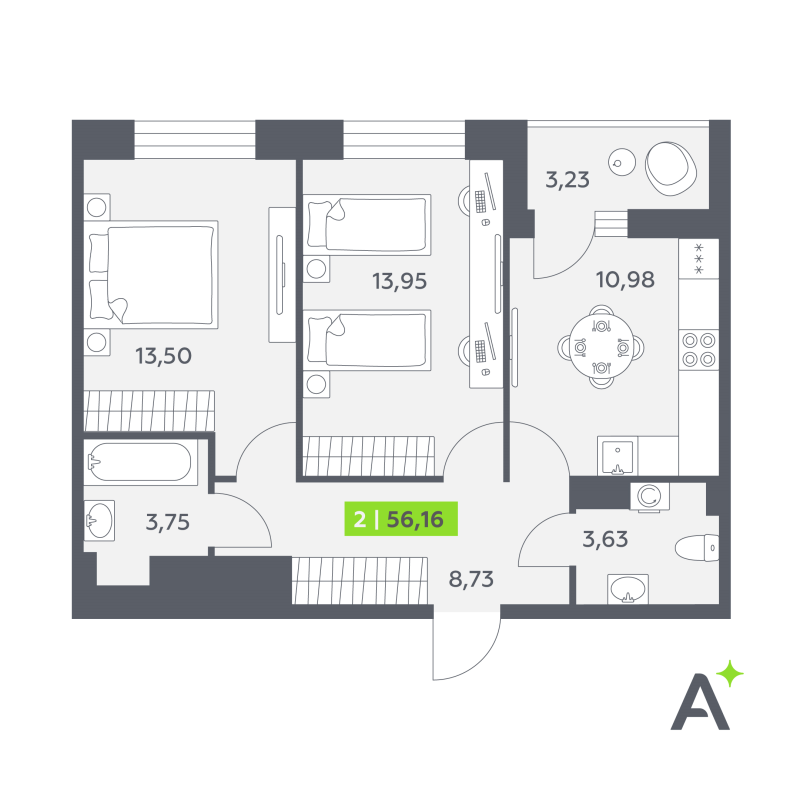2-комнатная квартира, 56.16 м² в ЖК "Аквилон РекаПарк" - планировка, фото №1