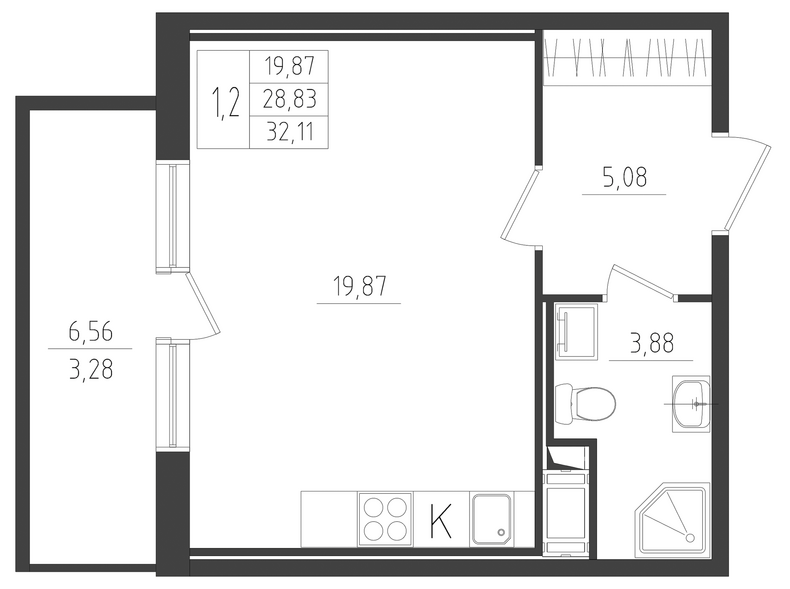 Квартира-студия, 32.11 м² в ЖК "Новикола" - планировка, фото №1