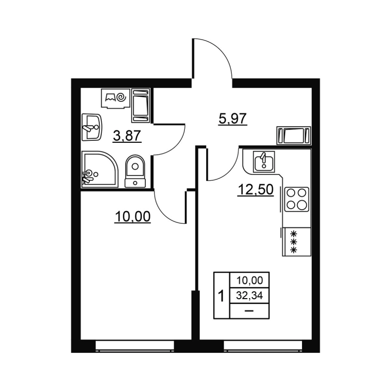 1-комнатная квартира, 32.34 м² в ЖК "Высота. Новодевяткино" - планировка, фото №1
