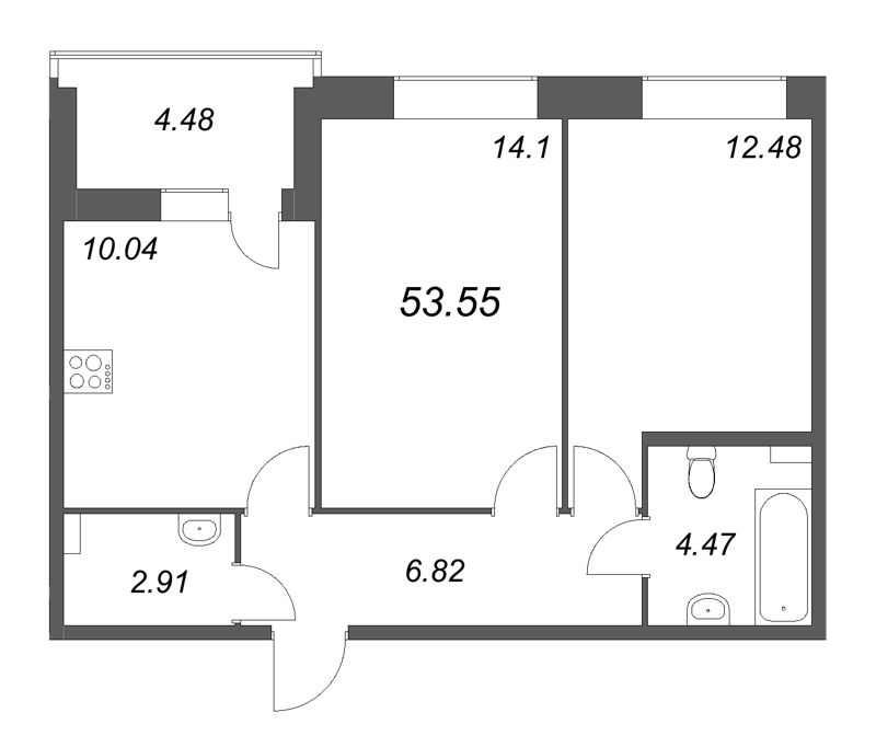 2-комнатная квартира, 53.55 м² - планировка, фото №1