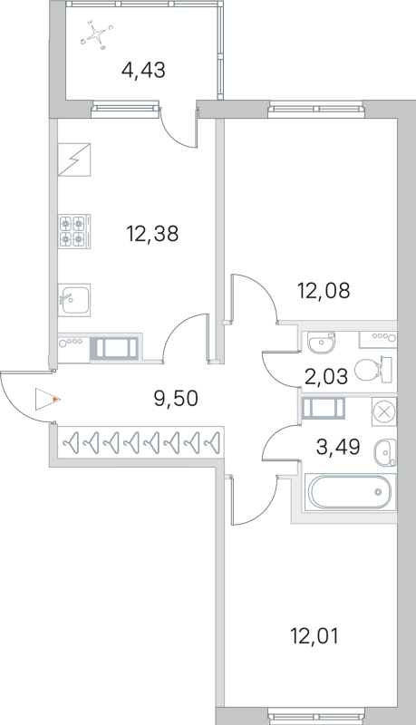 2-комнатная квартира, 51.49 м² в ЖК "ЮгТаун" - планировка, фото №1