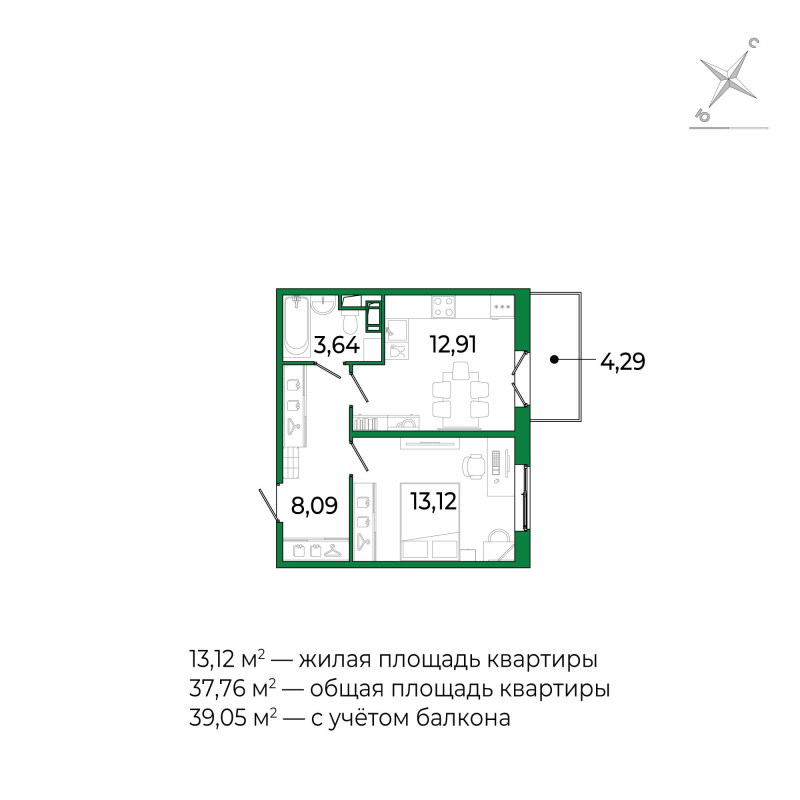 1-комнатная квартира, 37.6 м² в ЖК "Сертолово Парк" - планировка, фото №1
