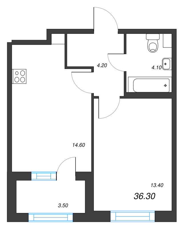 1-комнатная квартира, 36.3 м² в ЖК "Дубровский" - планировка, фото №1