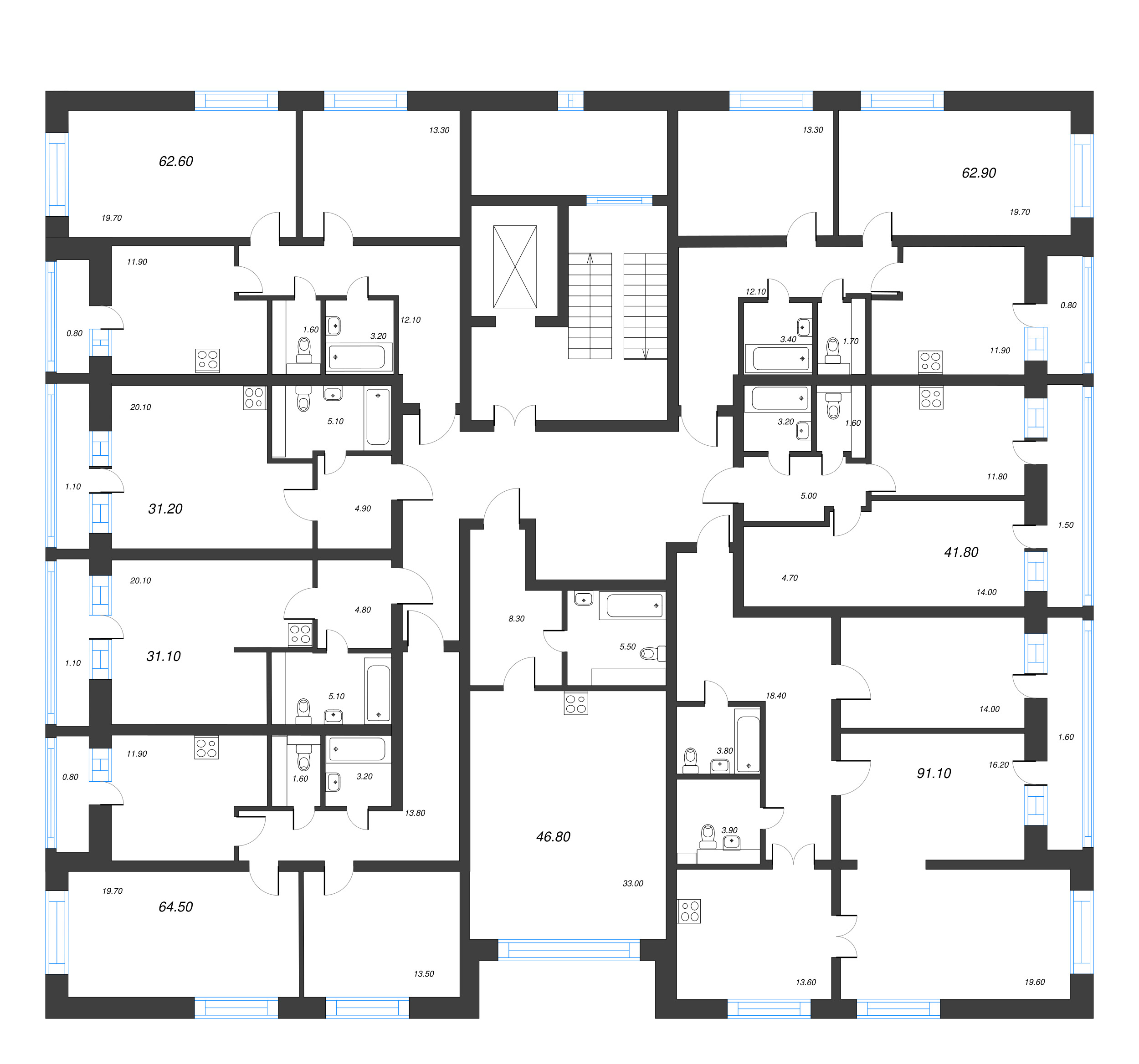 2-комнатная квартира, 62.6 м² - планировка этажа
