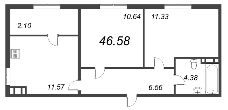 2-комнатная квартира, 46.58 м² - планировка, фото №1