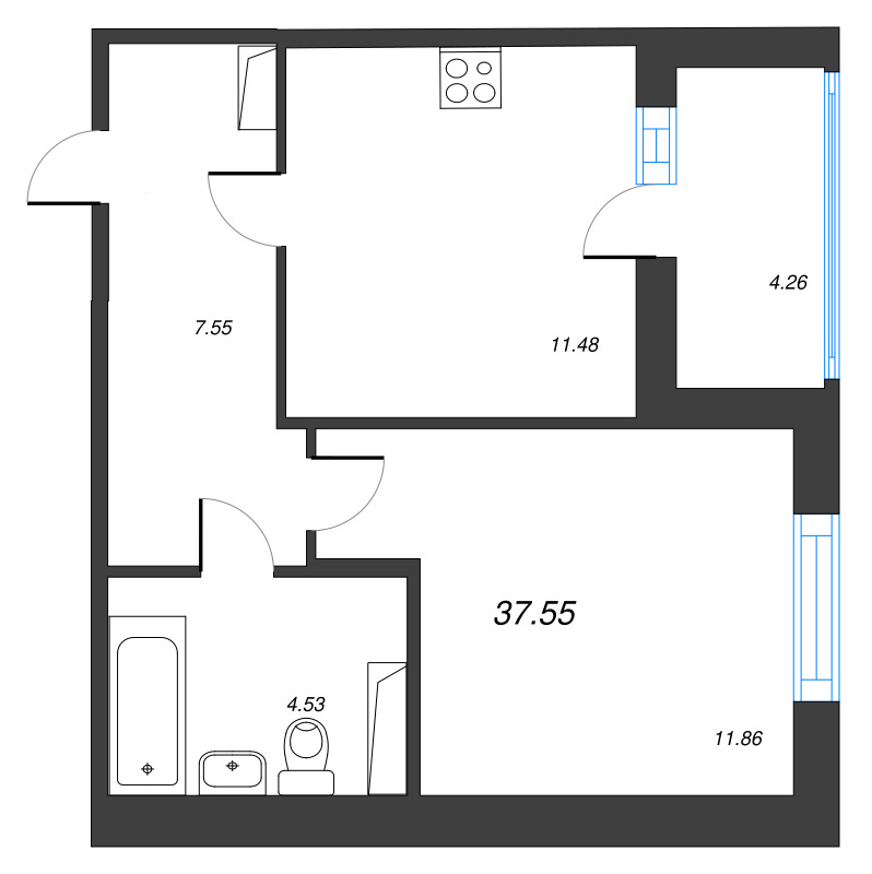 1-комнатная квартира, 37.55 м² в ЖК "Ю Гатчина" - планировка, фото №1