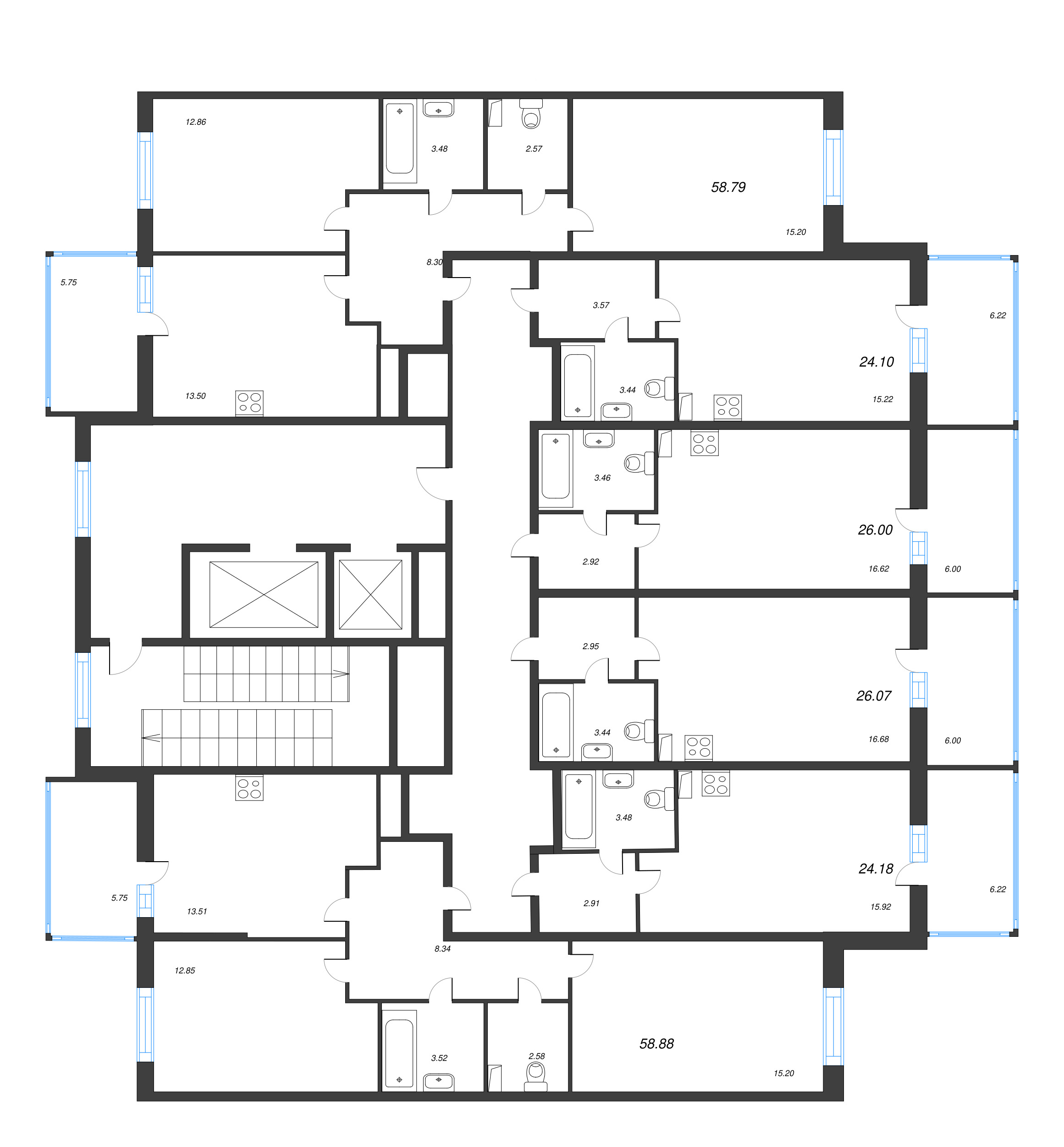 2-комнатная квартира, 58.79 м² - планировка этажа