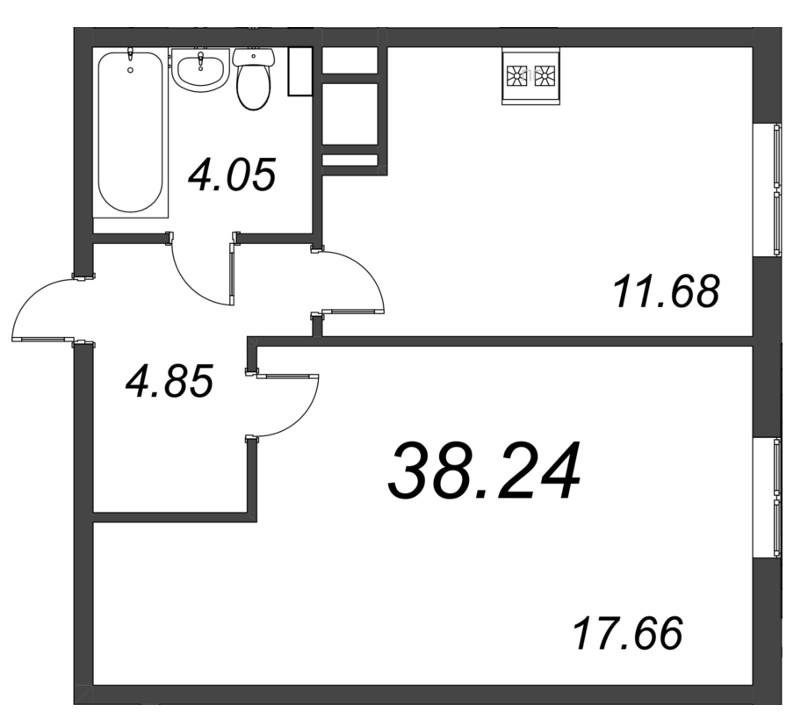 1-комнатная квартира, 38.24 м² - планировка, фото №1