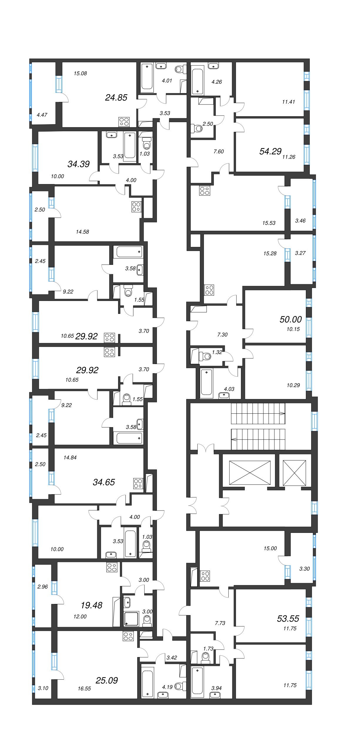 3-комнатная (Евро) квартира, 54.29 м² - планировка этажа