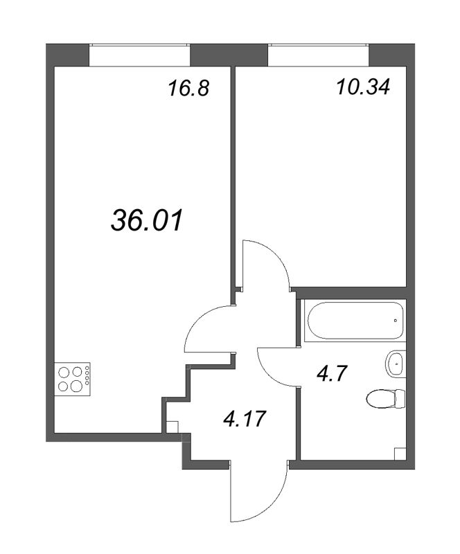 2-комнатная (Евро) квартира, 36.01 м² - планировка, фото №1