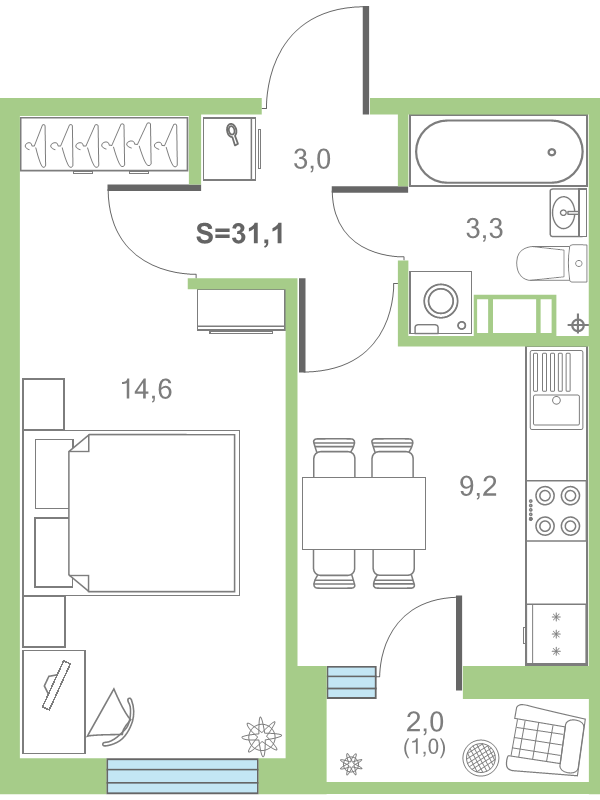 1-комнатная квартира, 31.6 м² в ЖК "Дуэт" - планировка, фото №1