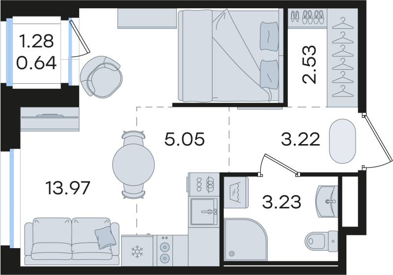 Квартира-студия, 28.64 м² в ЖК "Романовка" - планировка, фото №1