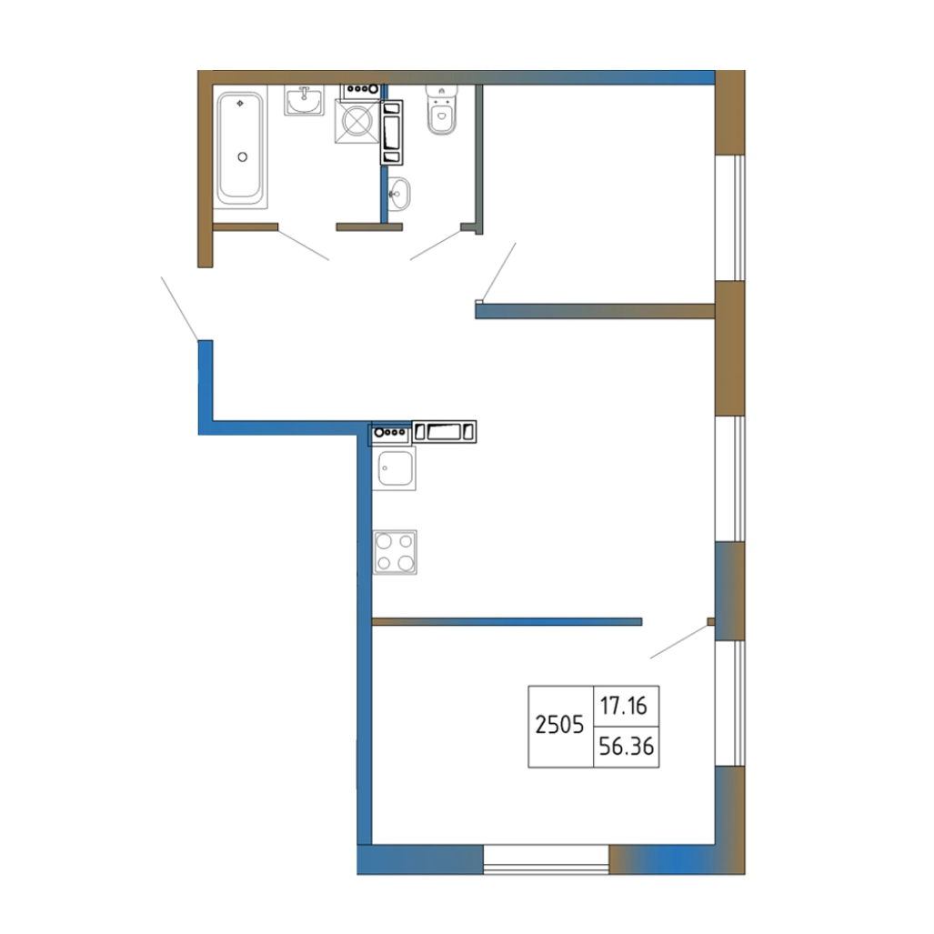 3-комнатная (Евро) квартира, 56.36 м² в ЖК "Атмосфера Выборга" - планировка, фото №1