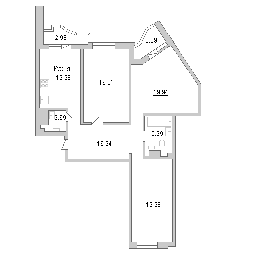 3-комнатная квартира, 99.3 м² - планировка, фото №1