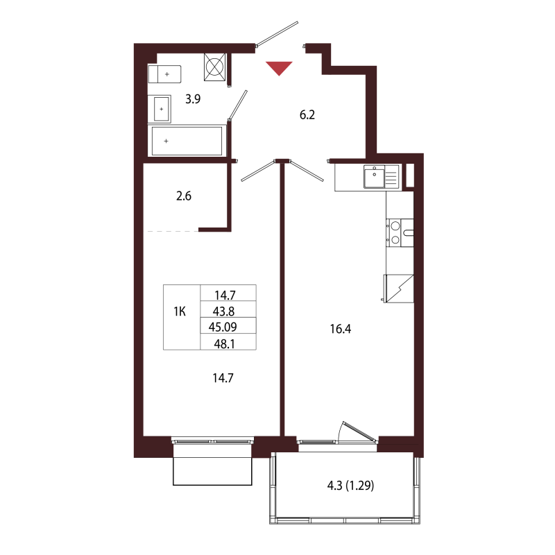 2-комнатная (Евро) квартира, 45.09 м² в ЖК "Лисино" - планировка, фото №1