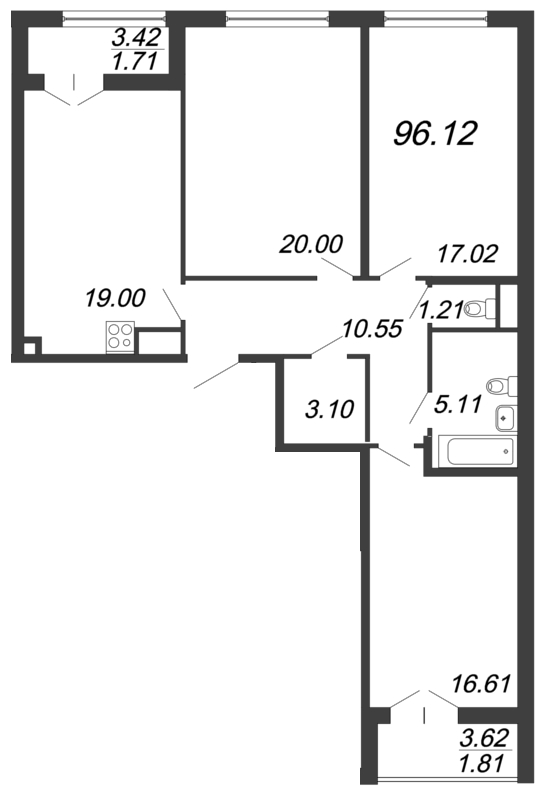 3-комнатная квартира, 96.12 м² - планировка, фото №1