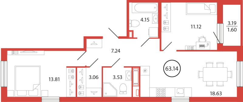 3-комнатная (Евро) квартира, 63.14 м² в ЖК "Энфилд" - планировка, фото №1