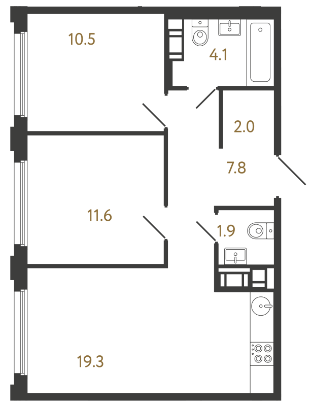 3-комнатная (Евро) квартира, 57.2 м² в ЖК "Гений" - планировка, фото №1