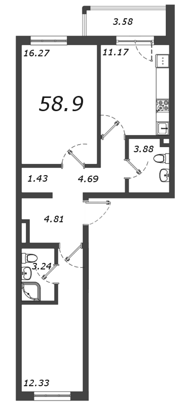2-комнатная квартира, 58.8 м² в ЖК "Новое Горелово" - планировка, фото №1
