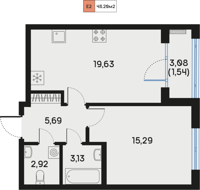 2-комнатная (Евро) квартира, 48.2 м² в ЖК "Дом Регенбоген" - планировка, фото №1