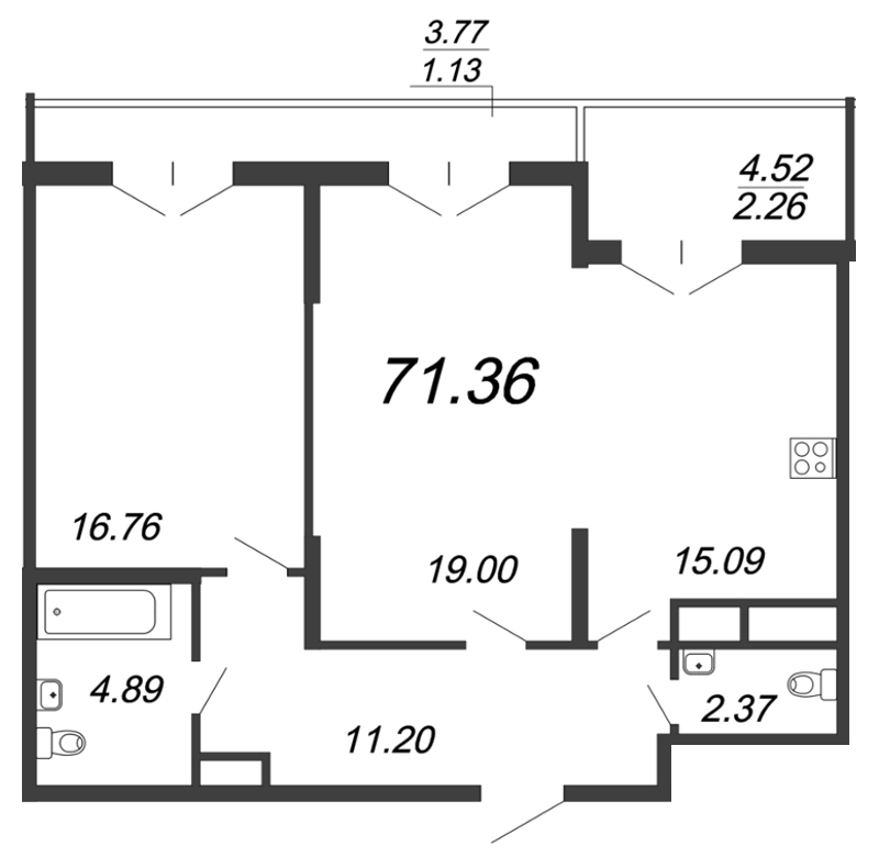 2-комнатная квартира, 72.3 м² - планировка, фото №1