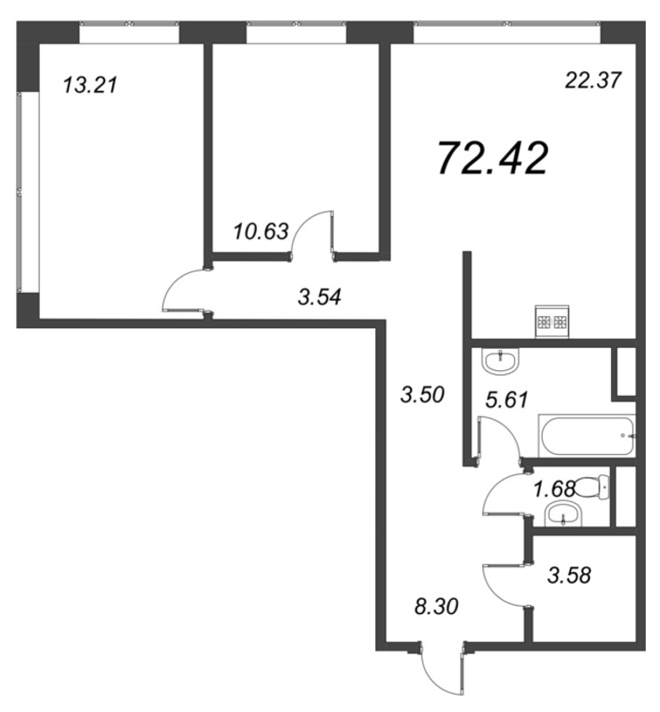 3-комнатная (Евро) квартира, 72.5 м² в ЖК "Малоохтинский, 68" - планировка, фото №1