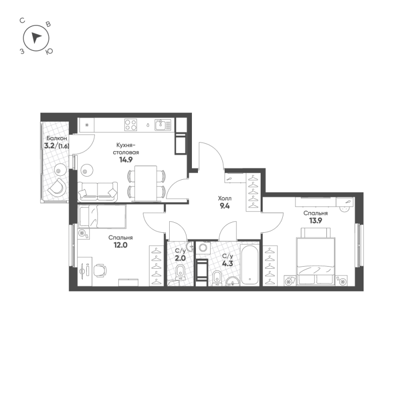 3-комнатная (Евро) квартира, 58.1 м² в ЖК "Клюква.Парк" - планировка, фото №1