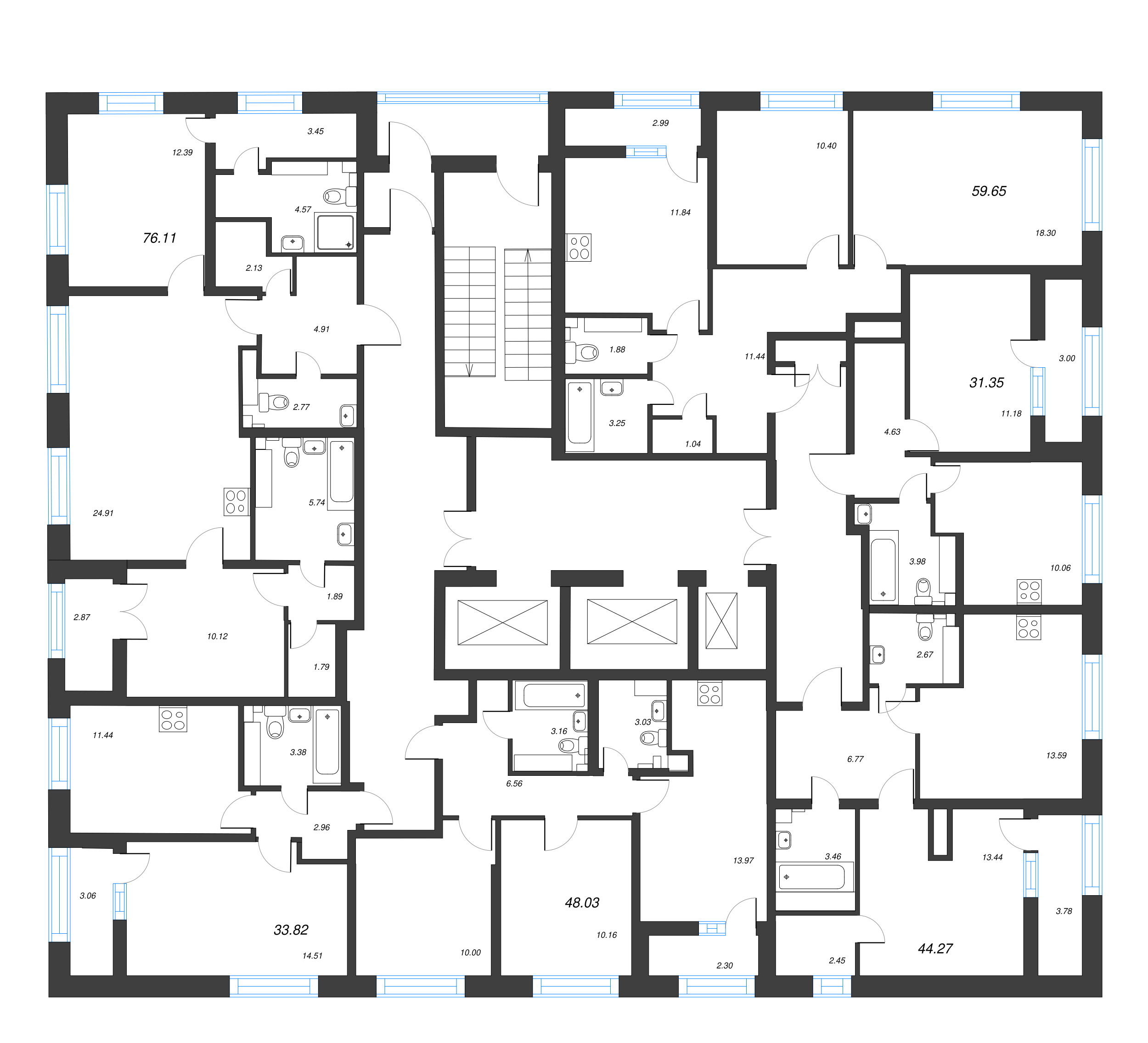 3-комнатная (Евро) квартира, 76.11 м² - планировка этажа