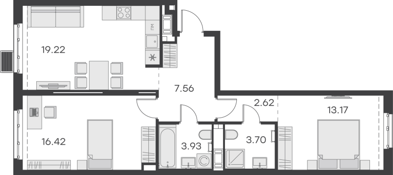 3-комнатная (Евро) квартира, 66.62 м² - планировка, фото №1