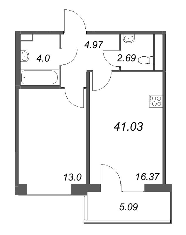 2-комнатная (Евро) квартира, 41.03 м² в ЖК "Дом на Курской" - планировка, фото №1