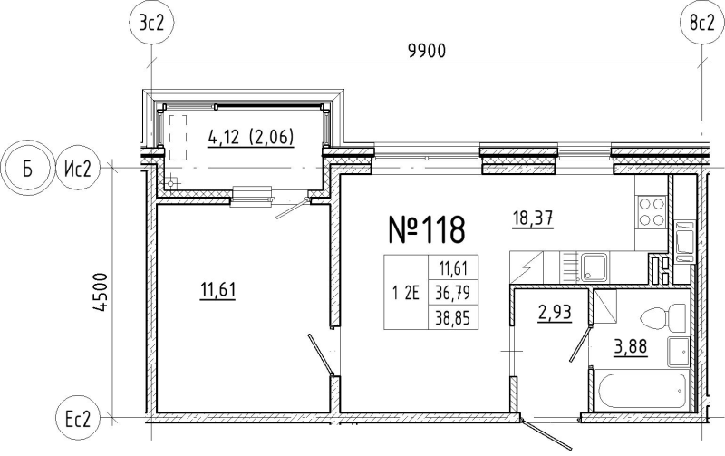 2-комнатная (Евро) квартира, 38.85 м² в ЖК "N8" - планировка, фото №1