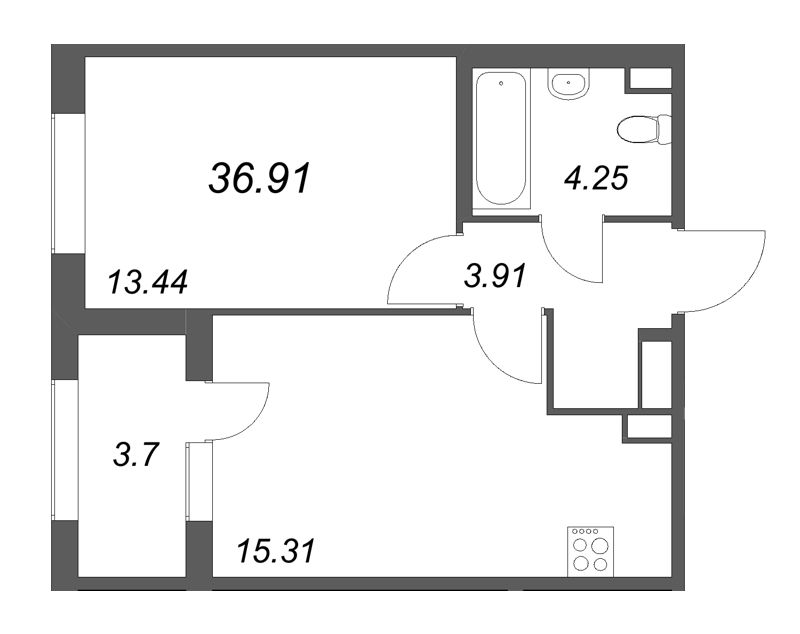 2-комнатная (Евро) квартира, 36.91 м² в ЖК "Дубровский" - планировка, фото №1